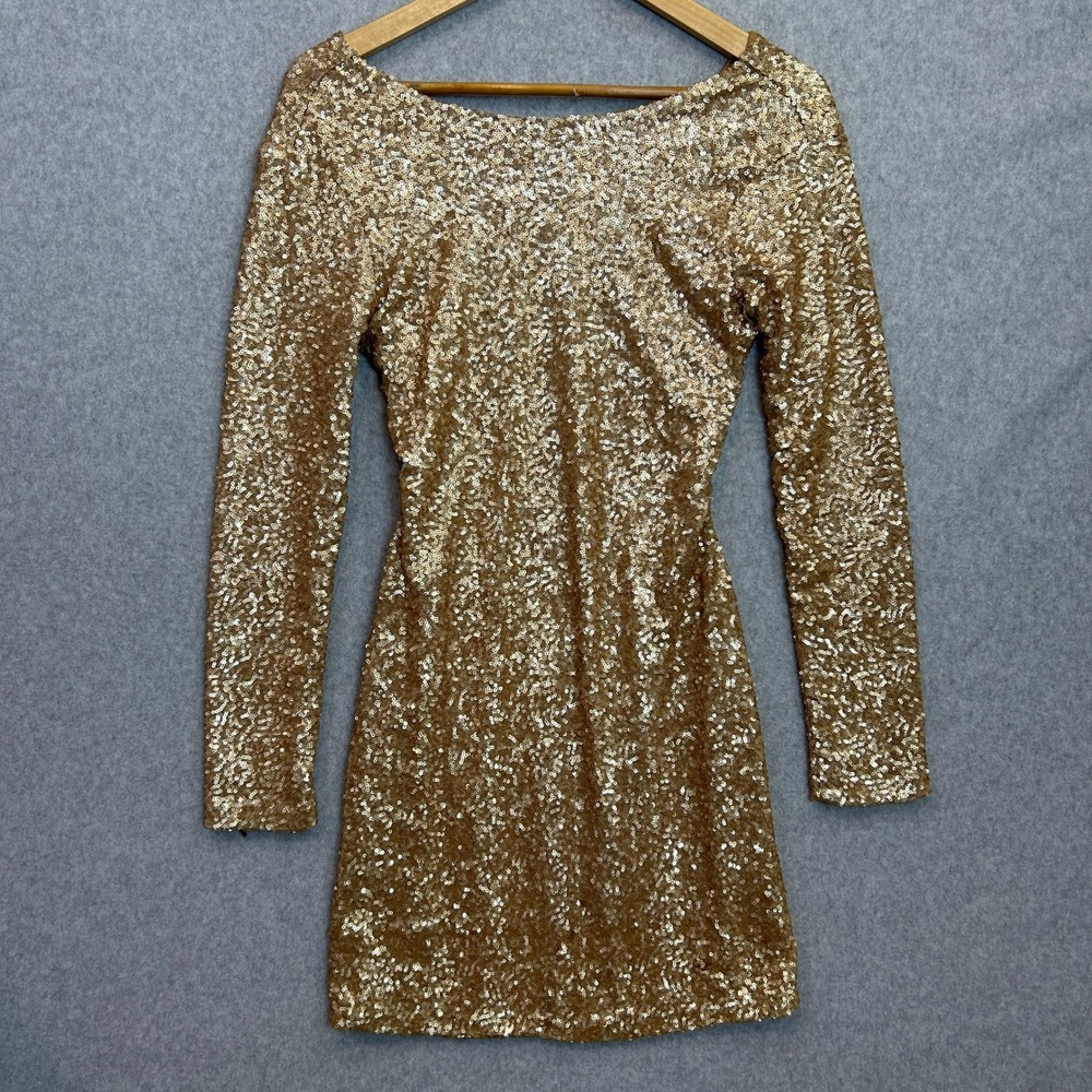 Lucca Couture Size S Mini Bodycon Dress Gold Sequin Open Back Long Sleeve Glam